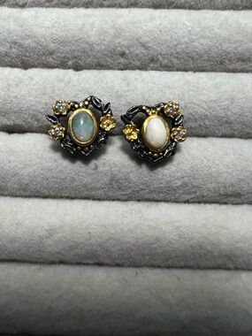 Opal Floral Heart Stud Earrings in Gold and Rhodium